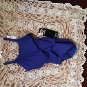 Purple one piece bathing suit.